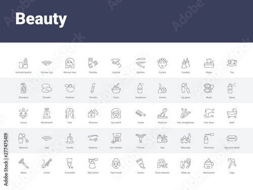 50 beauty set icons such as legs, moisturizer, make up, face cleanser, cream, face mask, nail polish, concealer, curler. simple modern vector icons can be use for web mobile