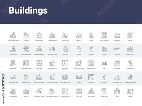 50 buildings set icons such as minaret, urban, house repair, high school, town hall, towers building transmission, building with antenna, house with a heart, worship. simple modern vector icons can photo