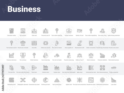 50 business set icons such as loss chart, centralized connections, smooth line chart, pie chart and connections, spider item connections, portion pie connection box infographic elements. simple photo