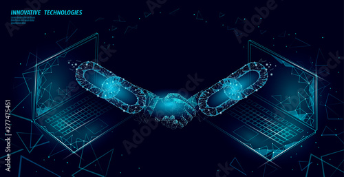 Blockchain technology 3D handshake. Business finance agreement contract concept. Success web network low poly banner template. Polygonal international internet connection laptop vector illustration