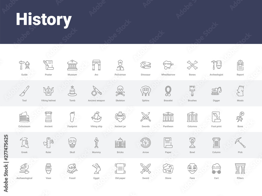 50 history set icons such as pillars, cart, face, stone, sword, old paper, egypt, fossil, vase. simple modern vector icons can be use for web mobile