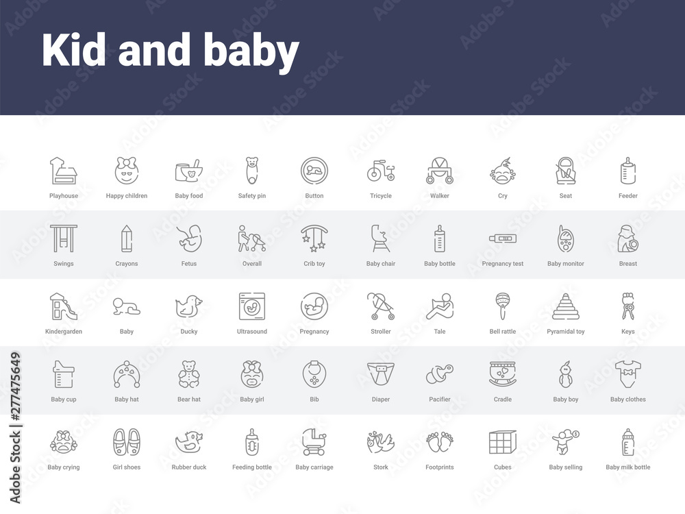 50 kid and baby set icons such as baby milk bottle, baby selling, cubes, footprints, stork, carriage, feeding bottle, rubber duck, girl shoes. simple modern vector icons can be use for web mobile