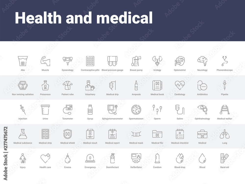 50 health and medical set icons such as band aid, blood, blood drop, condom, defibrillator, desinfectant, emergency, enema, health care. simple modern vector icons can be use for web mobile