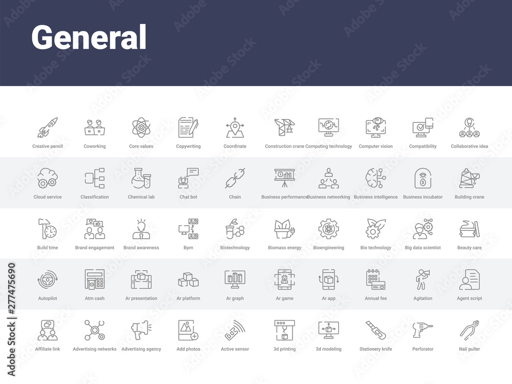 50 general set icons such as nail puller, perforator, stationery knife, 3d modeling, 3d printing, active sensor, add photos, advertising agency, advertising networks. simple modern vector icons can