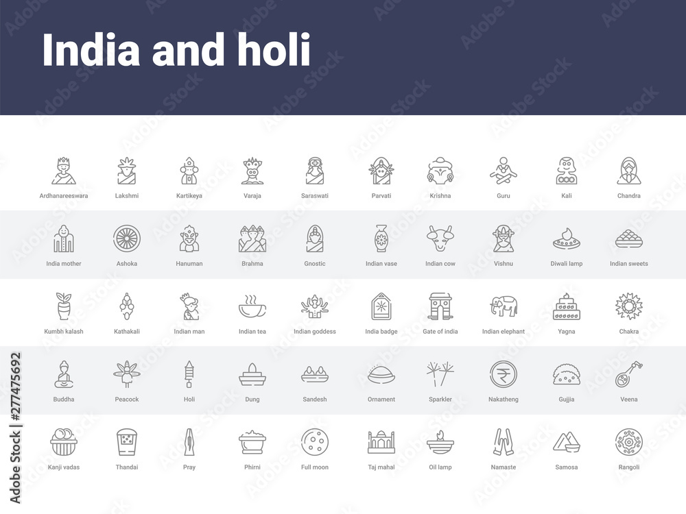 50 india and holi set icons such as rangoli, samosa, namaste, oil lamp, taj mahal, full moon, phirni, pray, thandai. simple modern vector icons can be use for web mobile