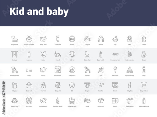 50 kid and baby set icons such as baby milk bottle, baby selling, cubes, footprints, stork, carriage, feeding bottle, rubber duck, girl shoes. simple modern vector icons can be use for web mobile