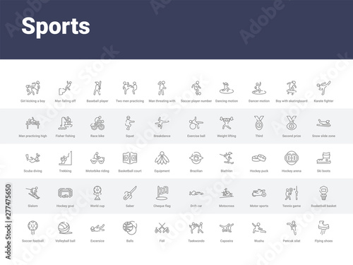 50 sports set icons such as flying shoes  pencak silat  wushu  capoeira  taekwondo  foil  balls  excersice  volleyball ball. simple modern vector icons can be use for web mobile