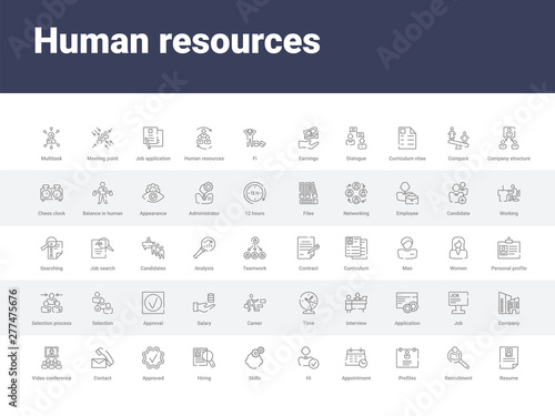 50 human resources set icons such as resume, recruitment, profiles, appointment, hi, skills, hiring, approved, contact. simple modern vector icons can be use for web mobile