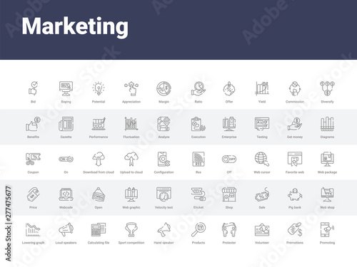 50 marketing set icons such as promoting, promotions, volunteer, protester, products, hand speaker, sport competition cup, calculating file, loud speakers. simple modern vector icons can be use for