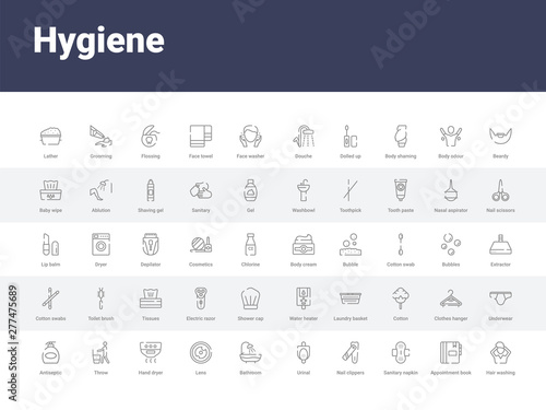 50 hygiene set icons such as hair washing, appointment book, sanitary napkin, nail clippers, urinal, bathroom, lens, hand dryer, throw. simple modern vector icons can be use for web mobile