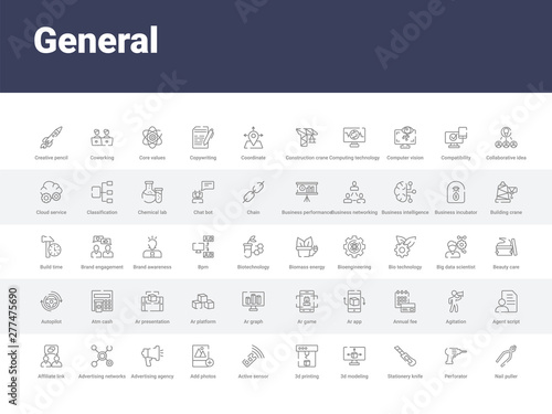 50 general set icons such as nail puller, perforator, stationery knife, 3d modeling, 3d printing, active sensor, add photos, advertising agency, advertising networks. simple modern vector icons can