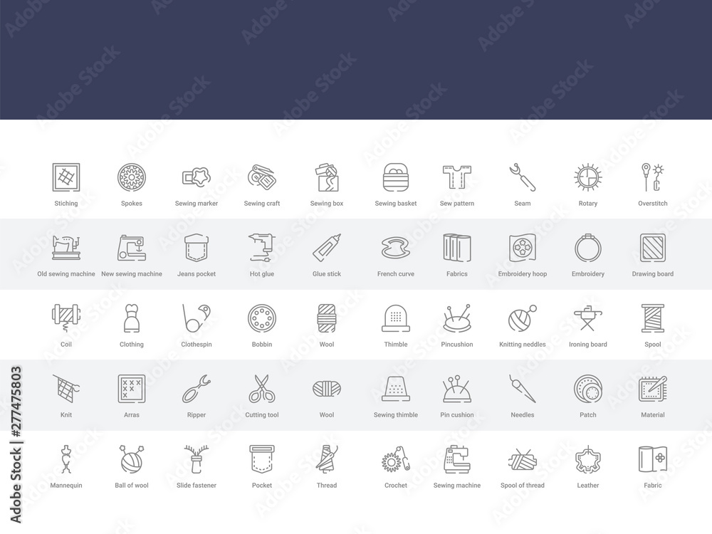 50 sew set icons such as fabric, leather, spool of thread, sewing machine, crochet, thread, pocket, slide fastener, ball of wool. simple modern vector icons can be use for web mobile