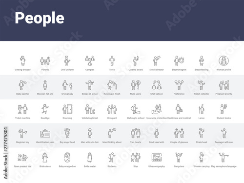 50 people set icons such as flag semaphore language, woman carrying, gangsters, ultrasonography, slap, students, bride avatar, baby wrapped on swaddling clothes, bride dress. simple modern vector