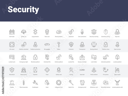 50 security set icons such as locked padlock with chain, motorbike helmet, reflective vest, emergency bell, match fire, lifeguard float, hash, goalkeeper, shock absorber. simple modern vector icons