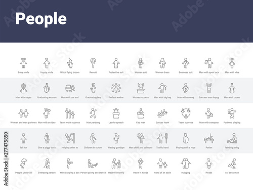 50 people set icons such as ski stick man, heads, hugging, hand of an adult, heart in hands, help the elderly, person giving assistance, men carrying a box, sweeping person. simple modern vector