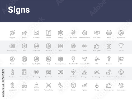 50 signs set icons such as islamic crescent with small star, thumbs down hand, yin yang, upstairs, chinese, gender, premiere fencing, wool hat, eternity. simple modern vector icons can be use for