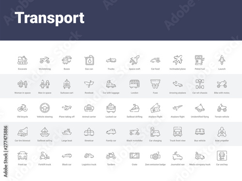 50 transport set icons such as car and key, media company truck with satellite, journalist van, zero emission badge, crate, tandem, logistics truck, black car, forklift truck. simple modern vector