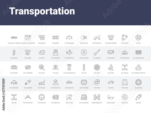 50 transportation set icons such as damper, brake disc, exhaust pipe, wheel alignment, car accelerator, car air bag, car alternator, ammeter, anti-roll bar. simple modern vector icons can be use for