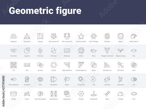 50 geometric figure set icons such as oval, triangle, spiral, coordinates, polygon, background, bounding box, mirror horizontally, distort. simple modern vector icons can be use for web mobile