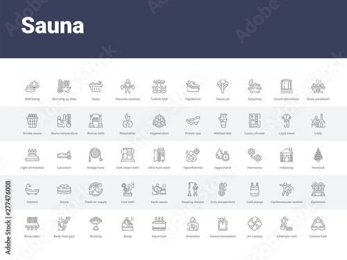 50 sauna set icons such as 2steam bath, adrenalin rush, air cooling, aroma stimulation, arterioles, asian bath, banja, birching, body heat gain. simple modern vector icons can be use for web mobile