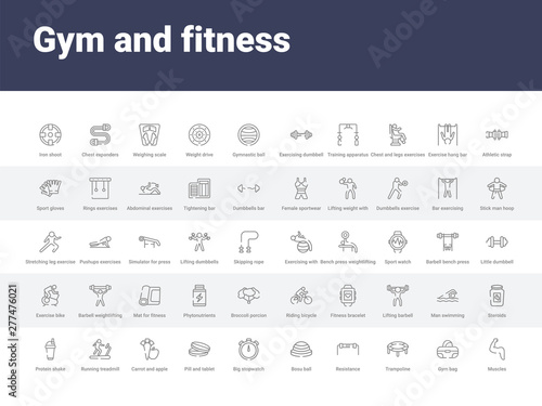 50 gym and fitness set icons such as muscles, gym bag, trampoline, resistance, bosu ball, big stopwatch, pill and tablet, carrot and apple, running treadmill. simple modern vector icons can be use