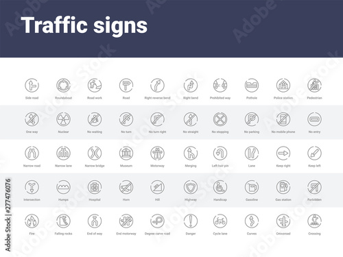 50 traffic signs set icons such as crossing, crossroad, curves, cycle lane, danger, degree curve road, end motorway, end of way, falling rocks. simple modern vector icons can be use for web mobile
