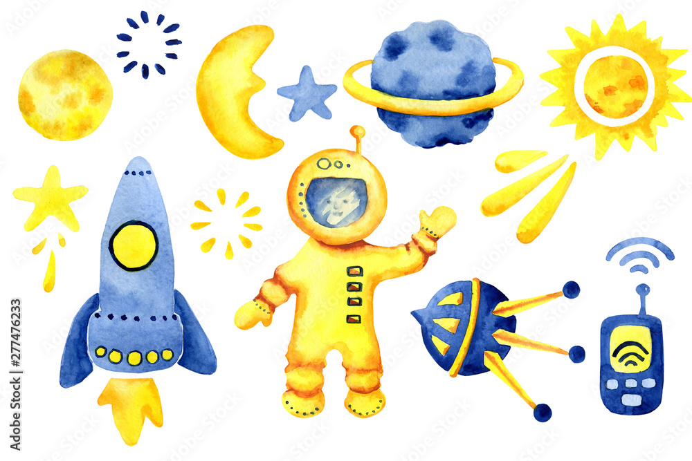 Hand drawn space elements. Space watercolor set. Cartoon space rockets, planets, stars, moon for design nursery and boys products
