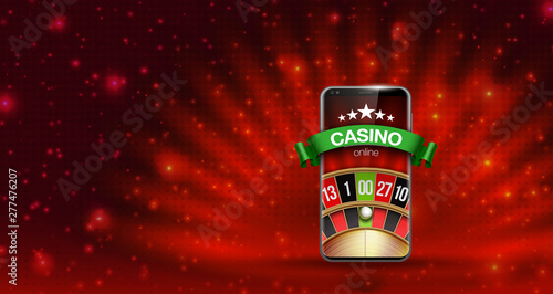 illustration Online Poker casino banner with mobile phone and roulette. Marketing Luxury Banner Jackpot Online Casino with New model Smartphone and roulette Advertising poster with red background