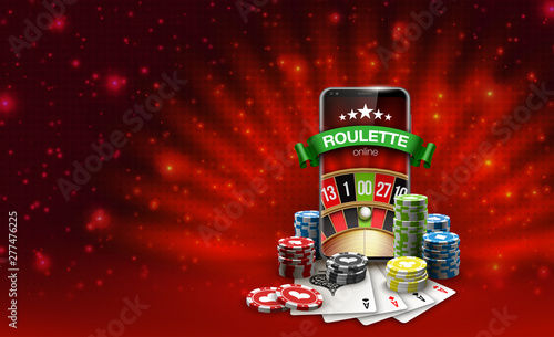 Big win illustration banner on red. Online Jackpot casino roulette in mobile phone. Chips, playing card, dice. Marketing Luxury Banner Jackpot Online Casino game roulette in Smartphone play now poster