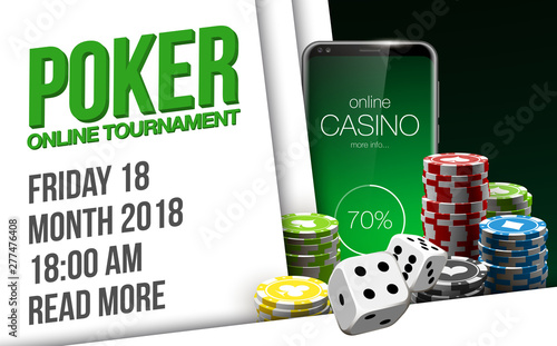 illustration Online Poker casino banner with a mobile phone, chips and dice. Marketing Luxury Banner Jackpot Online Casino with New model Smartphone. advertising poster flat paper cloud for text