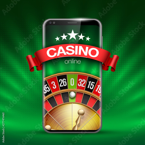 illustration Online Poker casino banner with mobile phone and roulette. Marketing Luxury Banner Jackpot Online Casino with New model Smartphone and roulette Advertising poster with red ribbon for text