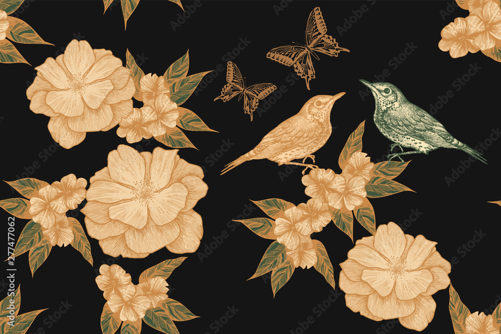 custom made wallpaper toronto digitalSeamless floral pattern with birds, roses and butterflies. Hand-drawn, vector illustration.