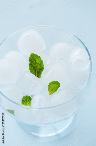 Ice cubes in a glass bowl with mint leaves.