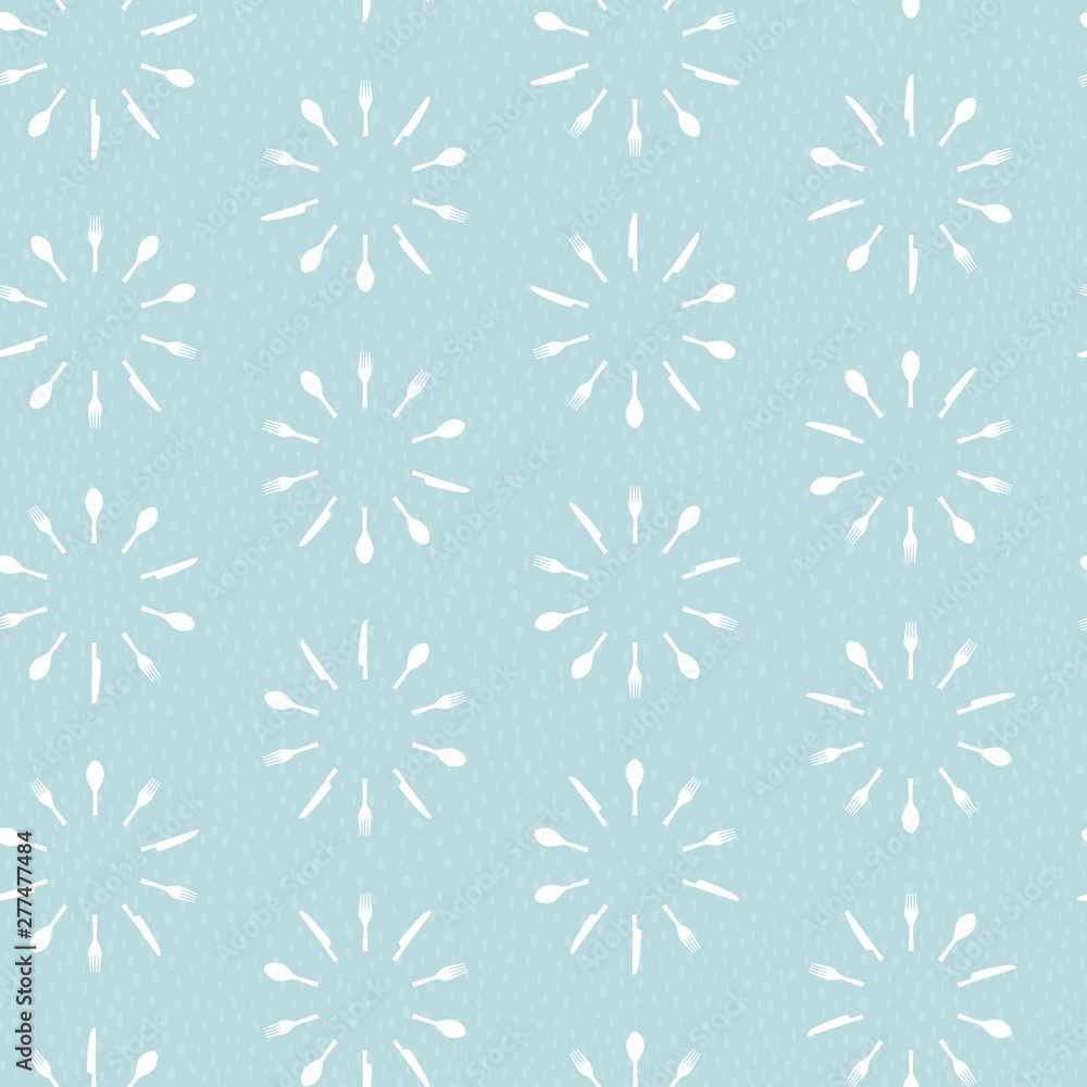 Seamless cutlery pattern. Forks, knives and spoons are in a circle. Center of the circle is cut out. Background with hand drawn, irregular spots. Easy to edit colors in Illustrator. Seamless cutlery pattern. Forks, knives and spoons are in a circle. Center of the circle is cut out. Background with hand drawn, irregular spots. Easy to edit colors in Illustrator.