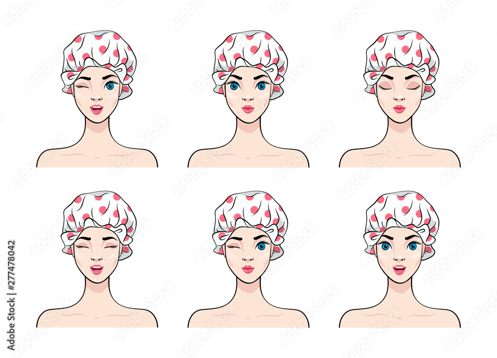 Woman in shower cup with different facial expressions. Girl with lilac hair Avatar. Set of woman's emotions. Vector illustration of cartoon style Woman in shower cup with different facial expressions. Girl with lilac hair Avatar. Set of woman's emotions. Vector illustration of cartoon style
