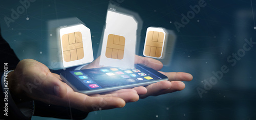 Businessman holding Different size of a smartphone sim card 3d rendering