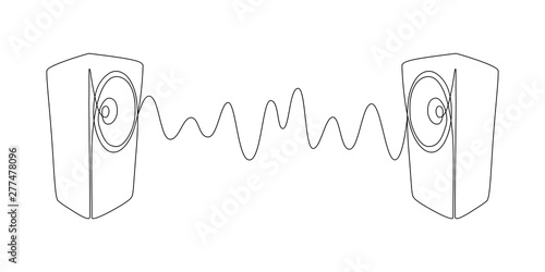 Sound wave between two music speakers in one line art drawing style. Vector illustration