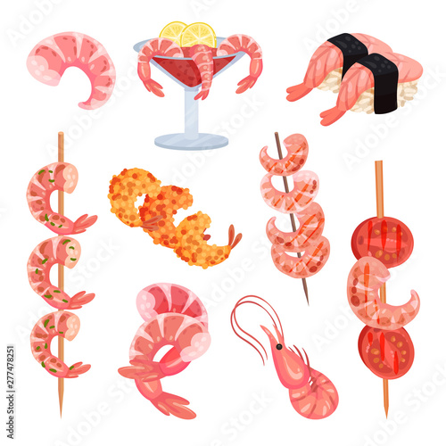 Set of dishes of shrimp. Vector illustration on white background.