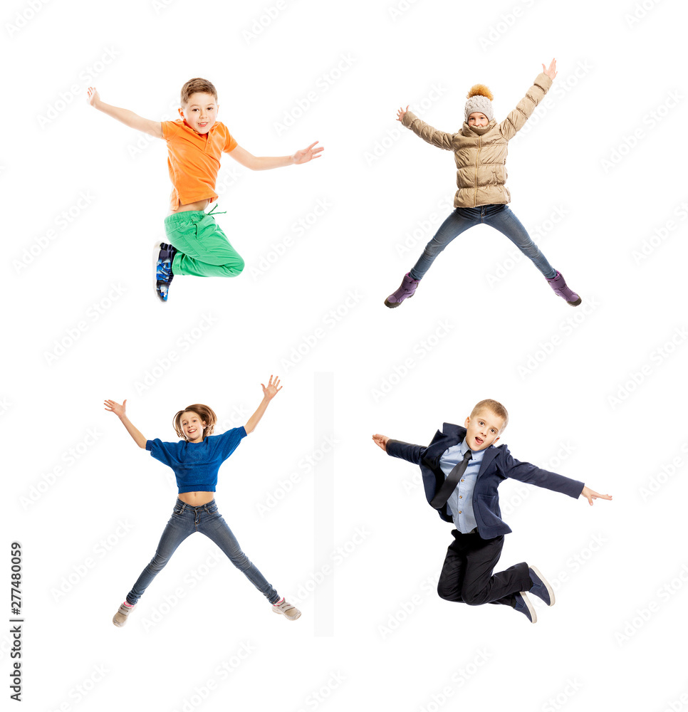 Set of jumping children. Boys and girls of school age. Isolated on a white background.