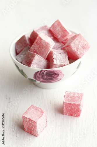 Turkish delight  with rose flavor in a bowl