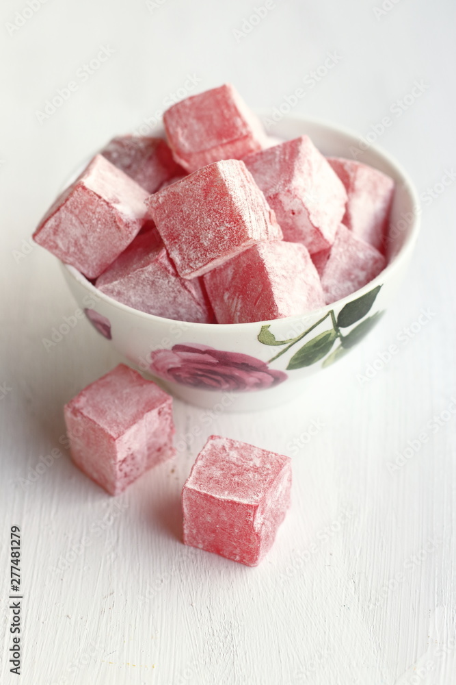 Turkish delight with rose flavor in a bowl Turkish delight with rose flavor in a bowl