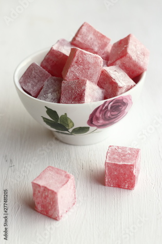Turkish delight  with rose flavor in a bowl