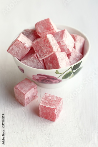 Turkish delight  with rose flavor in a bowl