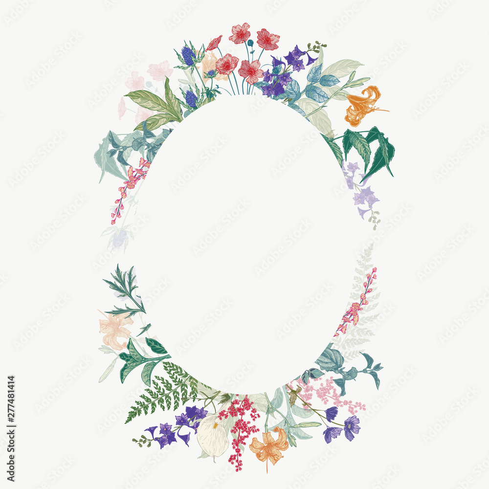 Vertical hand drawn elliptical frame with wild flowers and herbs. Colored arrangement in vintage style. Vertical hand drawn elliptical frame with wild flowers and herbs. Colored arrangement in vintage style.
