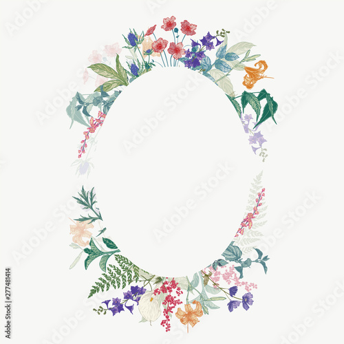 Vertical hand drawn elliptical frame with wild flowers and herbs. Colored arrangement in vintage style.