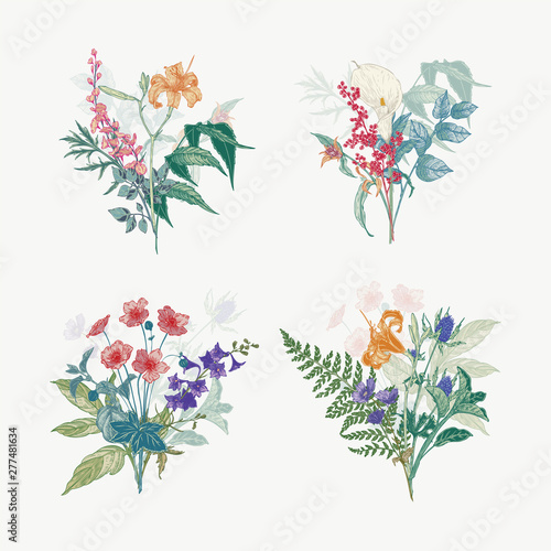 Vintage wild flower bouquet illustration set. Isolated colored botanical herbs and flowers hand drawn graphic. Collection of botanical arrangement for wedding decor