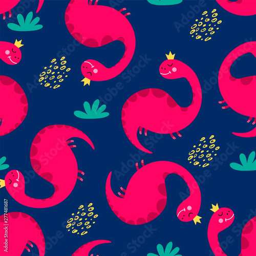 Hand drawn seamless pattern with funny dinosaurs.