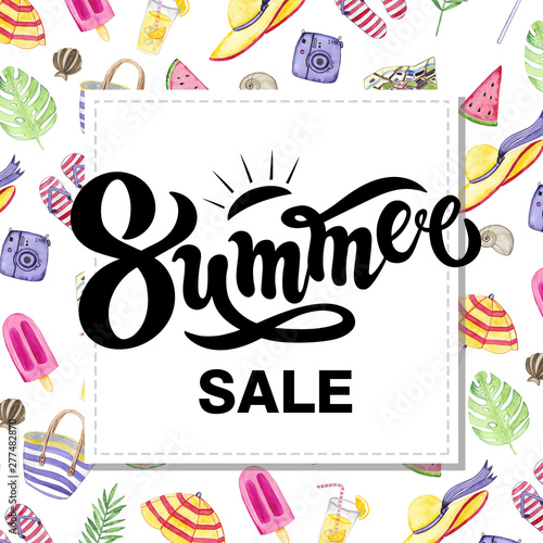 Summer. Summer sale. Hand drawn lettering with watercolor background. Background has watercolor cute ice cream