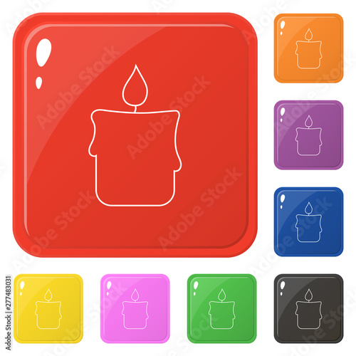 Line style candle icons set 8 colors isolated on white. Collection of glossy square colorful buttons. Vector illustration for any design.