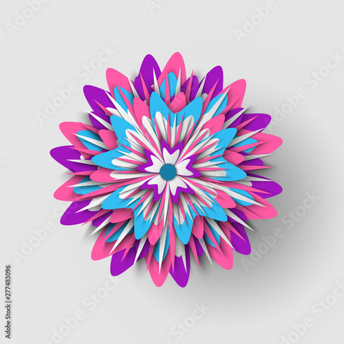 Paper cut origami of flower, colorful blossom ornament with shadow, 3d view of floral symbol, greeting or poster decorated by bouquet, festive vector